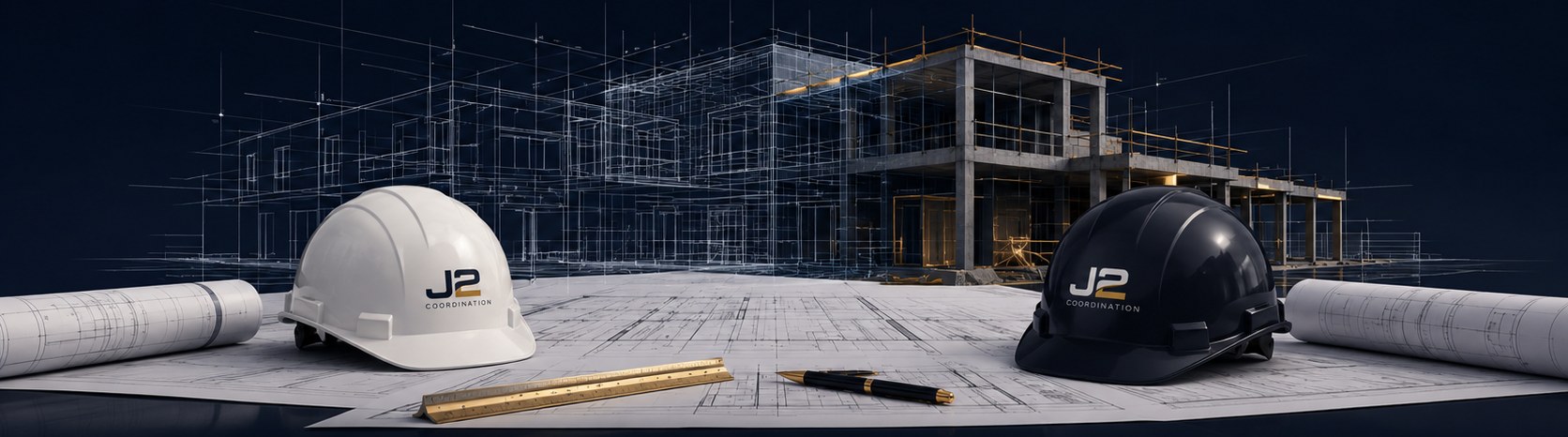 A wireframe building becoming a real jobsite, with two J2 Coordination hard hats resting on blueprints